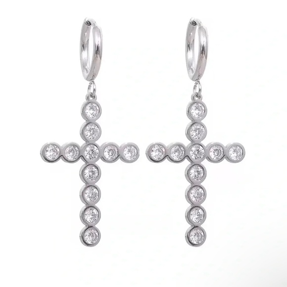 Anthropologie Cross Stainless Steel Crystal Waterproof Earrings - Picture 1 of 4